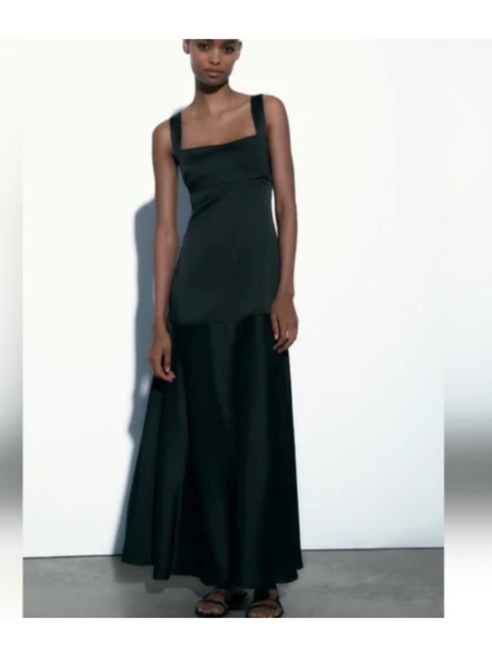 ZARA wide straps flared hem SATIN MIDI DRESS BOTTLE GREEN